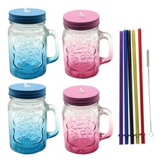 ROYAL BODEN 可插吸管上蓋馬克杯 500ml 4入+壓克力吸管 5入+吸管清潔刷, 1組