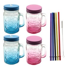 ROYAL BODEN 可插吸管上蓋梅森馬克杯 500ml*2入+附蓋梅森馬克杯 500ml 2入+壓克力吸管 隨機出貨+吸管刷, 1套