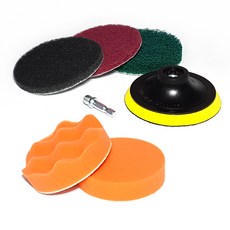 電鑽用清潔菜瓜布3件組 x 125mm + 背板 + 連接轉接頭 + 海綿墊2件組, 灰色+紅色+綠色+橘色, 1套