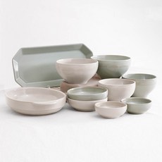 YOON CERAMICS Dain 兩人家庭餐具組 10件組, 雪白色 + 青玉色, 6種餐具, 10個