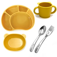 WICKER ROCKING 泰迪熊造型碗餐具組, 黃色, 餐盤+碗+湯匙+叉子+杯子