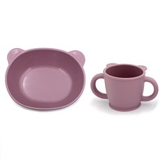 泰迪熊零食餐具組, 深粉色, 杯子+點心碗