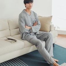 글램공감 커플용 통기성 노바 십자 스티치 이중 요루면 투피스 면 긴팔 잠옷 세트