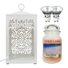 YANKEE CANDLE 造型融燭燈+香氛蠟燭 L號+燈泡 2入, 粉紅沙灘（蠟燭），白色（暖色）