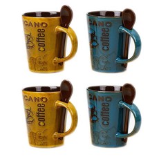 REGEN BOGEN 美式咖啡馬克杯 370ml 2款 x 2入 + 湯匙 4入組, 藍色, 黃色, 1套