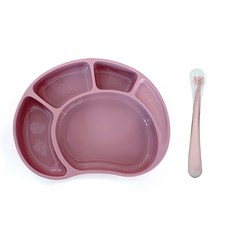 矽膠餐盤小熊餐具組, 深粉色, 餐盤+湯匙