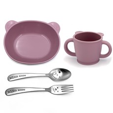 泰迪熊零食餐具組, 深粉色, 點心碗+杯子+湯匙+叉子