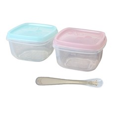 嬰兒用副食品矽膠餐具組, 保鮮盒(粉色+藍色)+湯匙(長頸鹿灰色款), 保鮮盒 2入+湯匙