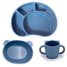 泰迪熊造型餐盤組, 深藍色, 點心碗+杯子+防滑餐盤