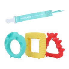 mombella 小動物造型固齒器 3款+奶嘴鍊夾, 無奶嘴, 藍色+黃色+紅色
