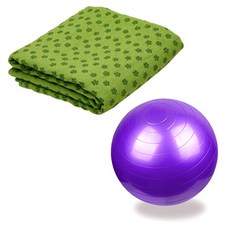 런웨이브 요가타올 + 짐볼 + 휴대용 가방 세트, 타올(그린), 짐볼(퍼플), 1개