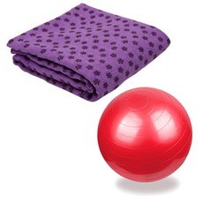 런웨이브 요가타올 + 짐볼 + 휴대용 가방 세트, 타올(퍼플), 짐볼(레드), 1개