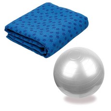 런웨이브 요가타올 + 짐볼 + 휴대용 가방 세트, 타올(블루), 짐볼(그레이), 1개