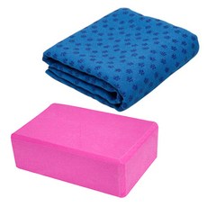 lenwave 防滑瑜珈巾 + 瑜珈磚組合, 瑜珈巾(藍色), 瑜珈磚(粉紅色)