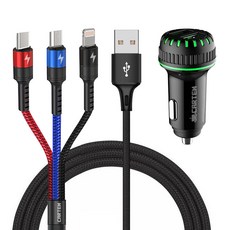 카템 3in1 트리플 고속 충전 케이블 65cm + 듀얼 QC3.0 차량용 고속충전기 36W, 혼합색상