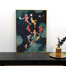 Ina Korea 風水室內設計 招財鯉魚圖 裝飾畫框, 金色金屬