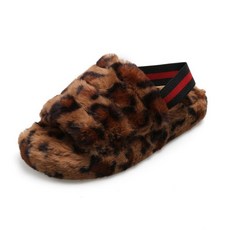 Binshu 毛茸茸固定帶毛絨室內拖鞋, 豹紋, 250
