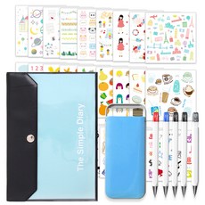 2Youngdesign 手帳裝飾貼紙 28p + 口袋文具 5種 + 按扣手帳 藍色套組, 隨機出貨(口袋盒)