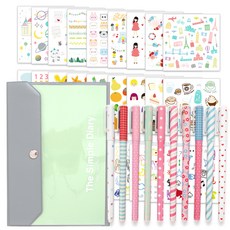 2Youngdesign 手帳裝飾貼紙 28p + 10款彩色中性筆 + 按扣式手帳本 綠色套組, 隨機出貨(外殼掛環)