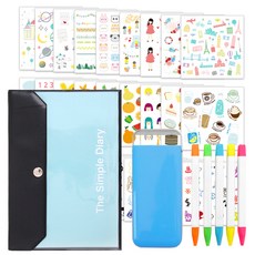2Youngdesign 手帳裝飾貼紙 28p + 口袋螢光筆 5種 + 按扣手帳 藍色套組, 隨機出貨(口袋盒), 1套