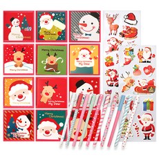 2Youngdesign 聖誕卡片 12款 + 甜蜜彩色中性筆 10款 + X mas 長裝飾貼紙 2p, 混合顏色(卡片, 原子筆), 隨機出貨(貼紙), 1套