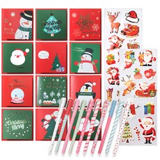 2Youngdesign 聖誕快樂卡片 12款 + 甜甜彩色中性筆 10款 + X mas 長條裝飾貼紙 2入, 混合顏色(卡片, 原子筆), 隨機出貨(貼紙), 1套