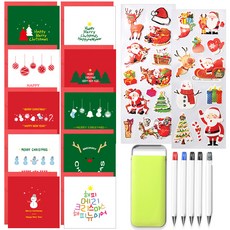 2Youngdesign 聖誕賀卡 10 種 + 袖珍書寫工具 5 種 + X mas long deco 貼紙 2p, 混色（卡片），隨機發貨（圓珠筆，貼紙）, 1套