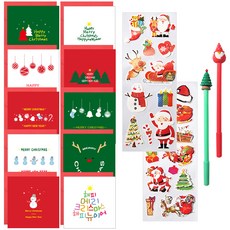 2Youngdesign 聖誕卡10款 + X mas 中性筆 2支 + X mas 長版裝飾貼紙 2張, 混合顏色(卡片), 隨機出貨(原子筆, 貼紙), 1套