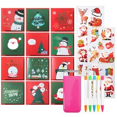 2Youngdesign 聖誕快樂卡片 12 種 + 袖珍熒光筆 5 種 + X mas Long Deco 貼紙 2p, 混色（卡片），隨機發貨（圓珠筆，貼紙）, 1套