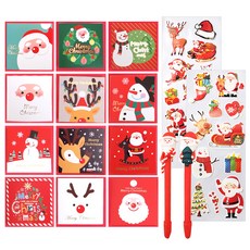 投影設計聖誕賀卡 12 種 + 聖誕老人圓珠筆 2p + X-mas 長裝飾貼紙 2p, 混色（卡片），隨機發貨（圓珠筆，貼紙）, 1套