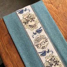 Alleophom 亞麻傳統刺繡圖案桌旗, 深藍色, 30 x 180 cm