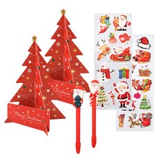 2Youngdesign 聖誕老人原子筆 2入 + X-mas 長版裝飾貼紙 2入 + 聖誕樹立體卡片 2入, 隨機出貨(原子筆, 貼紙), 紅色(卡片), 1套