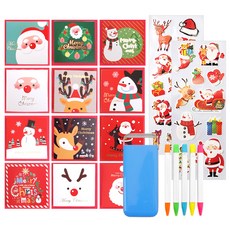 2Youngdesign 聖誕賀卡 12 種 + 袖珍熒光筆 5p + X-mas 長裝飾貼紙 2p, 混色（卡片），隨機發貨（圓珠筆，貼紙）, 1套