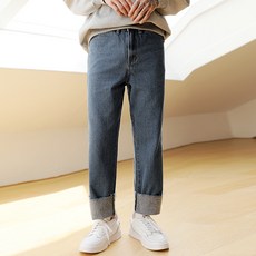 PLAYS 男款保暖刷毛下擺剪裁寬版保暖牛仔褲