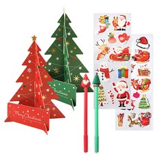 2Youngdesign X mas 中性筆 2入 + 長條裝飾貼紙 2入 + 聖誕樹立體卡片 2款套組, 隨機出貨, 1套