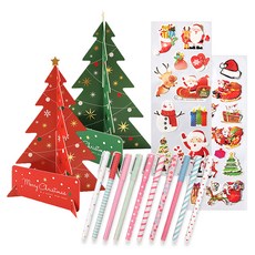 2Youngdesign 甜蜜彩色中性筆10件組 + 長版裝飾貼紙2p + 聖誕樹立體卡片2件組, 隨機出貨, 1套