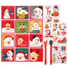 2Youngdesign 聖誕卡片12款組合 + 聖誕老人原子筆 2支 + 聖誕長版裝飾貼紙 2張, 隨機出貨, 1套