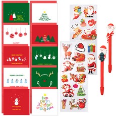 2Young Design 聖誕卡片信封 9款入+聖誕老人原子筆 2支入+聖誕裝飾貼紙 2張入組, 隨機發貨, 1套