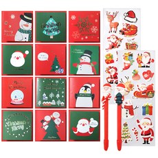 2Young Design 聖誕卡片12入+聖誕老人筆 2入+X mas貼紙 2入, 隨機發貨, 1套