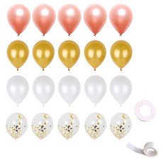 PARTYSHOW 天花板氣球4款 x 5p + 緞帶10m + 點膠套組, 氣球(珠光玫瑰金, 珠光金, 珠光白, 圓形金屬金色亮片), 1套