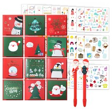 2Youngdesign 聖誕快樂卡片 12種 + 聖誕老人原子筆 隨機出貨 2入 + In-seu 貼紙 28種 套組, 混合顏色, 1套