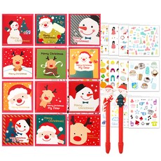 2Youngdesign 聖誕卡12種 + 聖誕老人原子筆 隨機出貨 2支 + 造型貼紙 28種 套組, 混合色, 1套