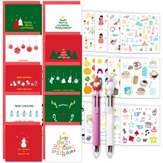 2Youngdesign 聖誕卡10種 + X mas 6色原子筆 隨機出貨 2p + 裝飾貼紙 28種組合, 混合顏色, 1套