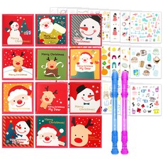 2Youngdesign 聖誕卡片 12款 + 可擦拭透明哨子中性筆 隨機出貨 2入 + 插畫貼紙 28款套組, 混合顏色, 1套