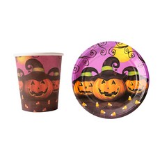 PARTYHAE 萬聖節南瓜三劍客派對盤 18cm + 派對杯組, 1入, 20套