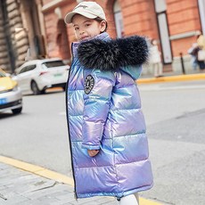 童款毛邊連帽金屬感亮面長版保暖外套