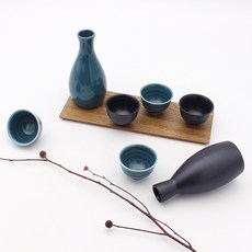 精美陶瓷清酒壺 黑色孔雀雙層酒瓶 7件組, 1套, 清酒壺 2入 + 酒杯 5入