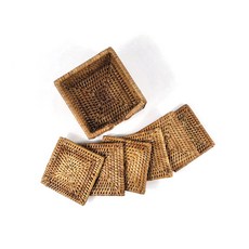 藤製方形杯墊 6p + 收納盒套組 GC519, 混色, 1套