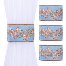 Ilovehome 刺繡魔鬼氈窗簾綁帶 48 x 9 cm, 葉子藍, 4個