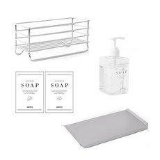 SPAT 寬版清潔劑菜瓜布架 + 瀝水盤 + 按壓瓶 + 2款貼紙, SILVER, 1套